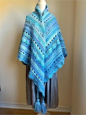 Handmade Blue Ombre Crochet Shawl with Tassels Gift for Mom